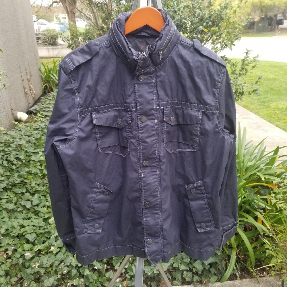 Men's L Jeremiah Legacy Navy Blue Jacket Hidden Hood Snap Pockets Zip-Up Coat